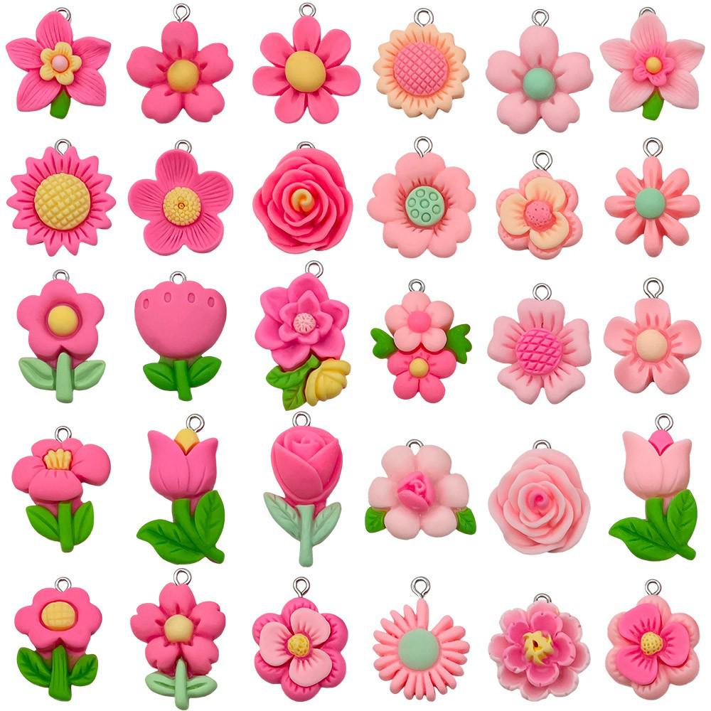 30-Piece Set: Pink Resin Sunflower & Rose Flower Pendants for DIY Jewelry