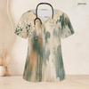 Women Plus Size Abstract Printed Nurse Scrub Top Keyhole Neck Short Sleeve With Front Pockets