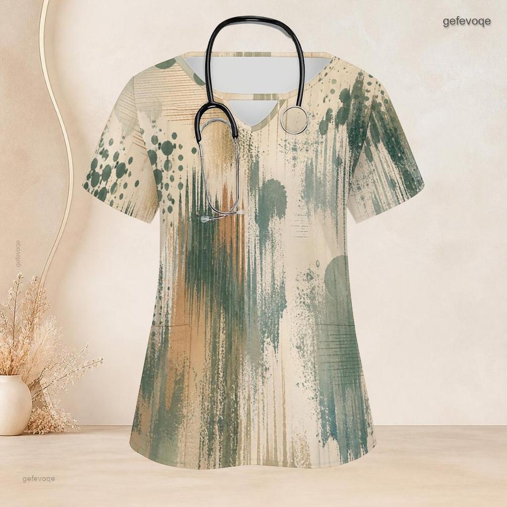 Women Plus Size Abstract Printed Nurse Scrub Top Keyhole Neck Short Sleeve With Front Pockets