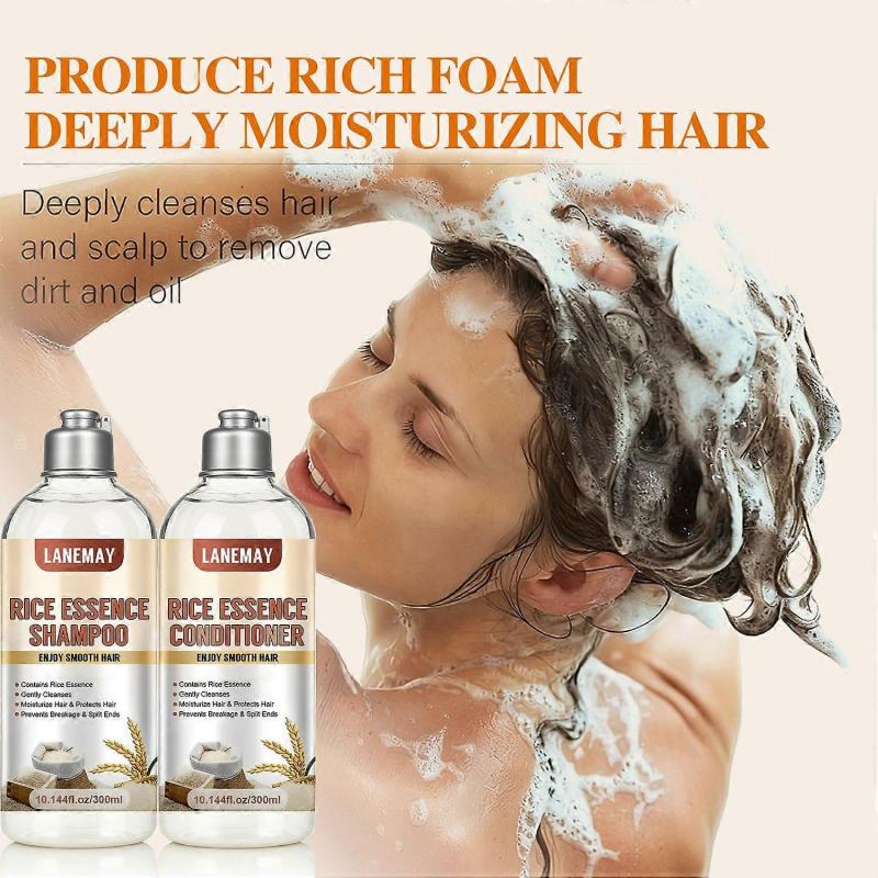 Sada šamponu a kondicionéru s rýžovou vodou, Posiluje a revitalizuje vlasy, Vyživuje poškozené vlasy, Obnovuje lesk, Opravuje lámavost a roztřepené konečky