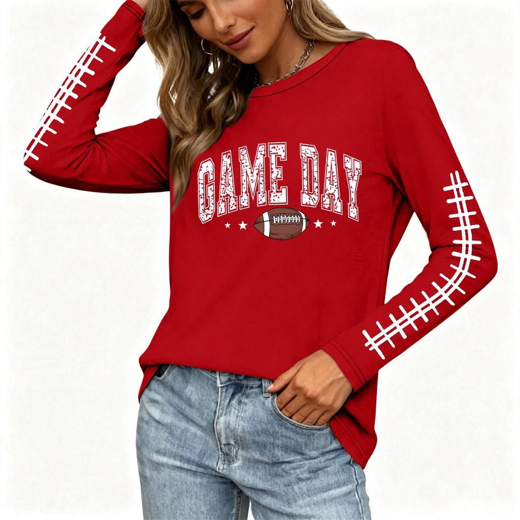 Women's Casual Long Sleeve Neck Top with Rugby Print and Side Slit for Everyday Wear