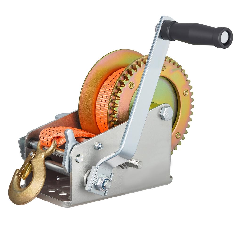 Boat Winch, 1588 kg Hand Winch, Heavy Duty Manual Rope Crank with 6.1m Orange Polyester Strap, Portable Two-Way Ratchet, 2 Speed Switchable, Anti-Slip