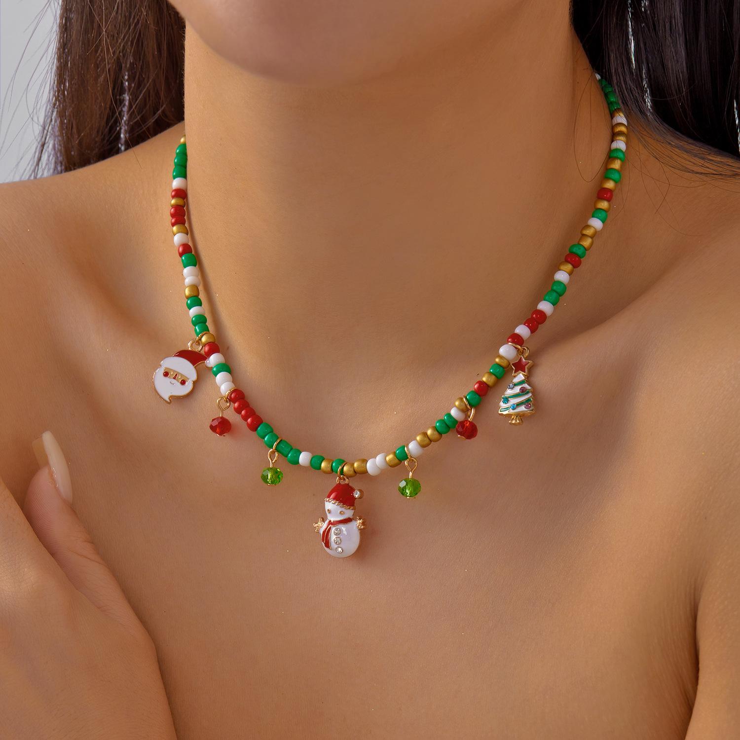

Christmas Necklaces for Women Girls Handmade Rice Beads X mas Tree Santa Claus Snowman Gift Necklace Pendant New Year Jewelry
