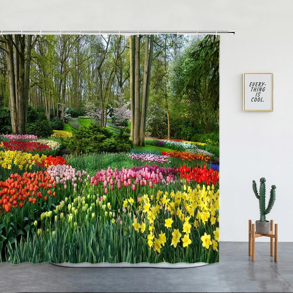 Spring Garden Landscape Shower Curtains Green Plants Flowers Creek Natural Scenery Bath Curtains Bathroom Decor With Hooks