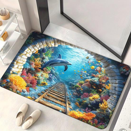 Yousheng 3D Pond Floor Mat Diatomaceous Earth Realistic Water Pit Fish Rug Absorbent Non-Slip Bathroom Rug for Entrance Kitchen Living Room