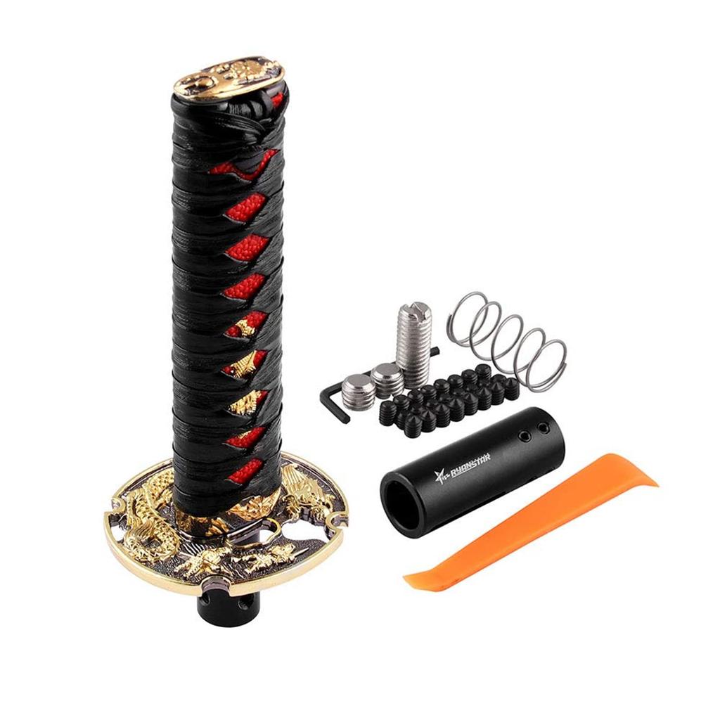 RYANSTAR Samurai Automatic Shift Knob Universal Lock/Button Automatic Transmission, Cool Katana Gear Shifter Metal Weight Black & Red