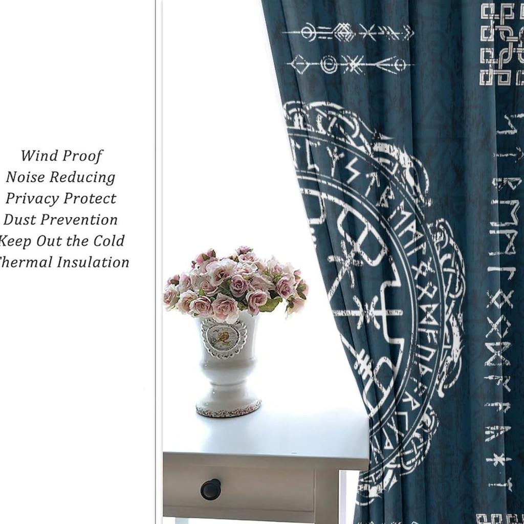 Retro Ancient Vikings Blackout Curtain Rustic Norse Mythology Mystical Symbol Print Grommet Window Insulated NoiseDrapes Decor for Bedroom Living