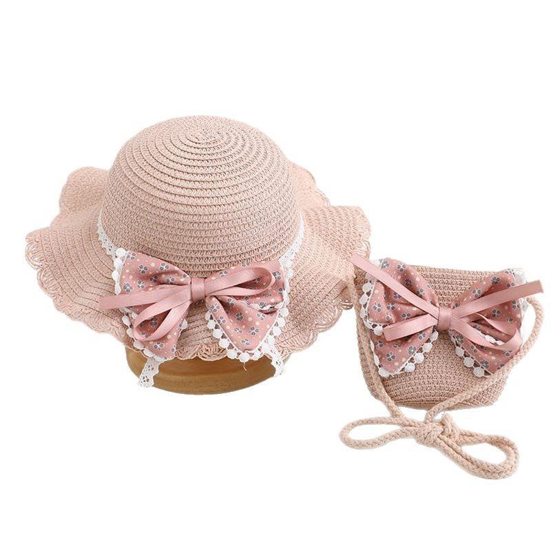 Childrens Summer Straw Hat And Bag Set With Wide Brim Sun Protection For Girls