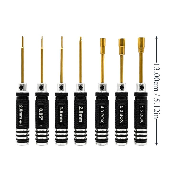 7-Piece Model Screwdriver and Nut Tool Set with Knurled Metal Grips and Size Labels for Scale-Model Assembly, Adjustment, and Maintenance Tasks
