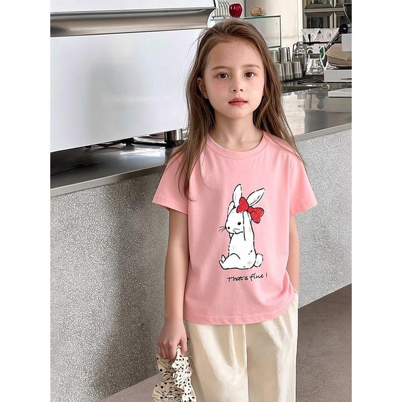 2026 Summer Cartoon Rabbit Print Children's Pure Cotton Pink Short-Sleeved T-Shirt Korean Brand Children's Clothing Girls' Tops