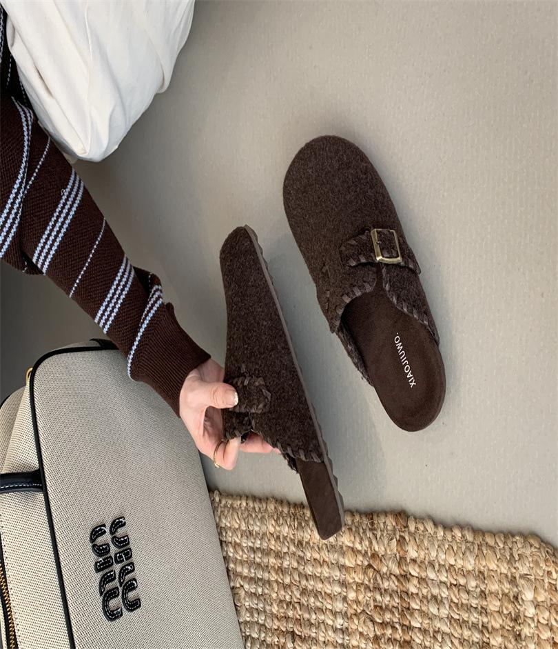 

2025 осень новые французские полушлепанцы с круглым носком и плоской подошвой женская обувь универсальная модная сумка на голову шлепанцы женская обувь 39