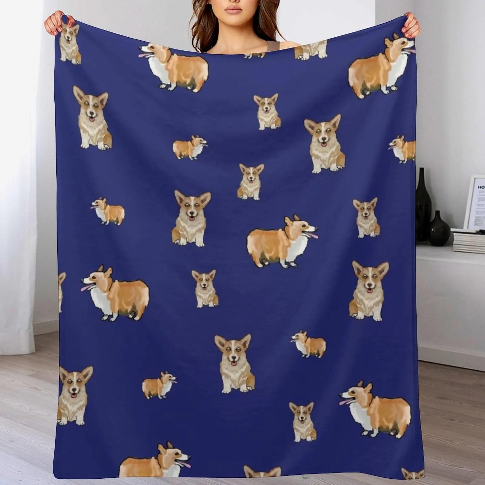 Corgi Dog Pattern Blue Background Throw Blanket Versatile Cozy Throw Blanket for All Occasions 102x76cm(40x30in)
