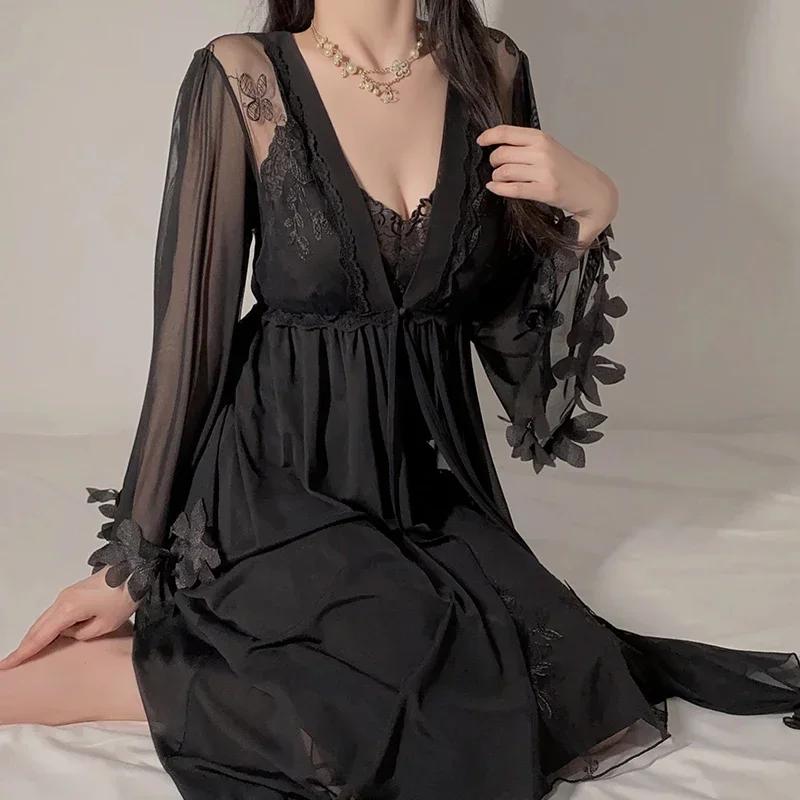 Sada županu Dámské patchworkové krajkové skluzové šaty s podprsenkou Slim Fit Sexy dámské pyžamo