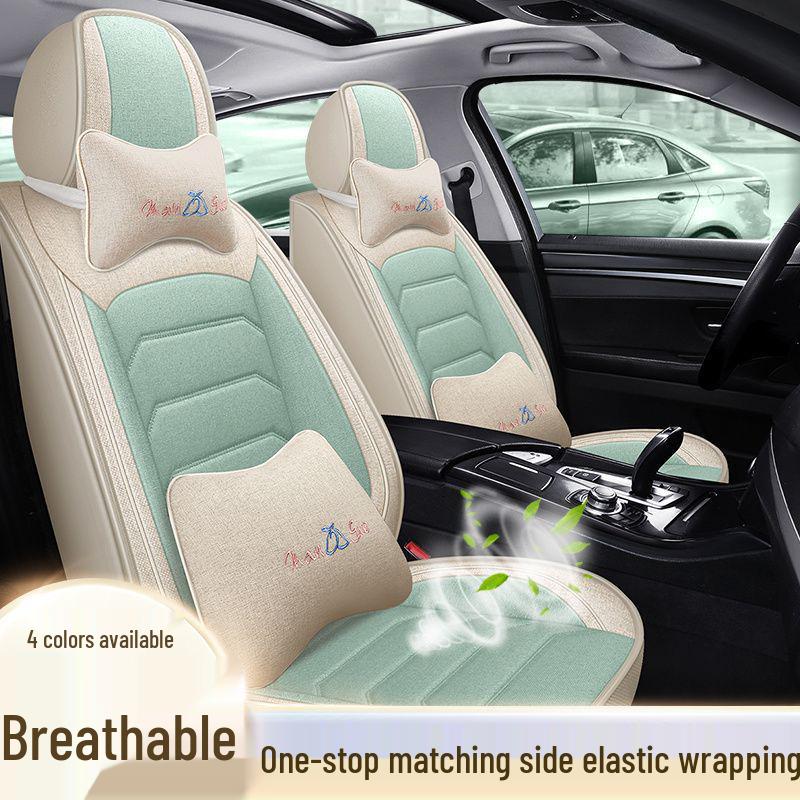 Four Seasons Universal Cotton Linen Car Seat Cushion - Full Coverage Linen Fiber Cover
