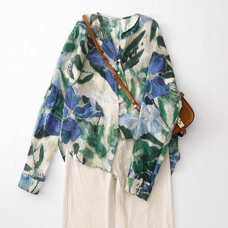Womens Loose V Neck Long Sleeve Floral Print Blouse M зелёный