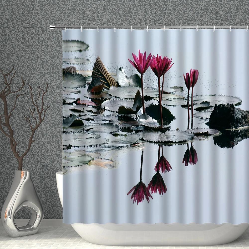 

Pink Rose Shower Curtains Waterproof Red Flower Bathroom Curtain Set Plum Blossom Lotus Bath Partition Bathtub Screen Home Decor W90XH180cm