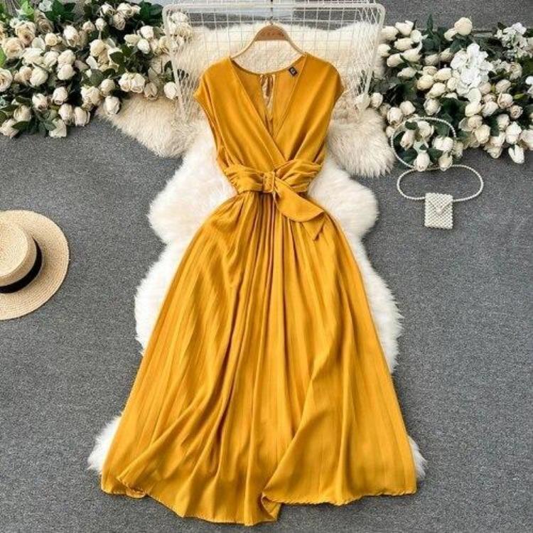 Sommer Neues Französisches Chic Maxikleid Damen V-Ausschnitt Ärmellos Schnürung A-Linie Falten Damenkleider Damen