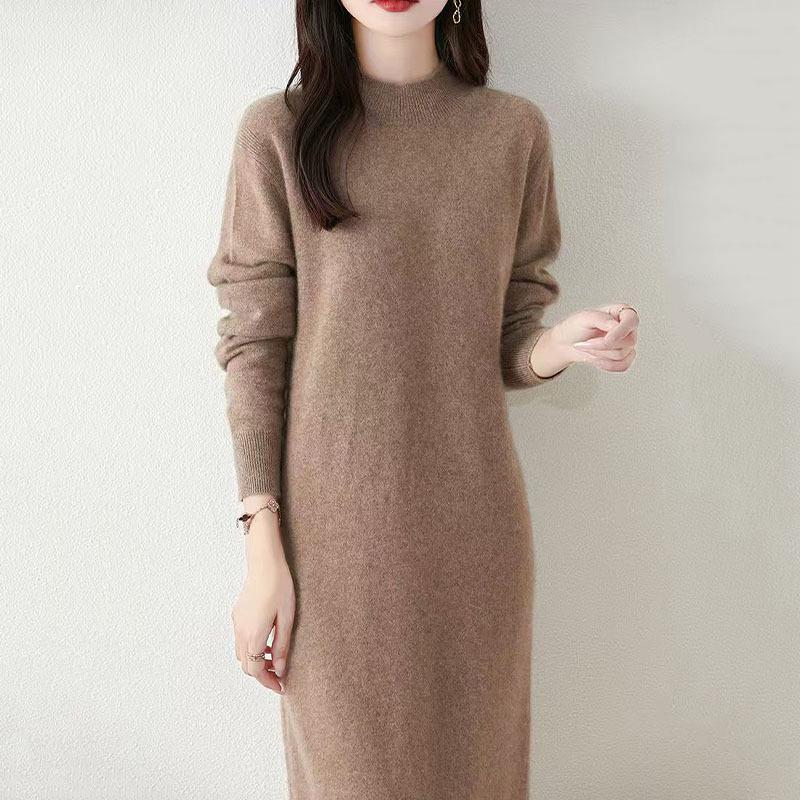 Women's Wool Knit Sweater Dress - Half High Neck, Over Knee, Loose Mid-Length Pullover for Autumn/Winter