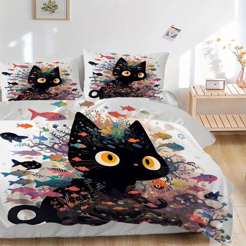 3pcs Colorful Fish & Kitten Printed Bedding Set, Soft and Comfortable Quilt Cover for Bedroom, Guest Room (1 Duvet Cover + 2 Pillowcases, Pi