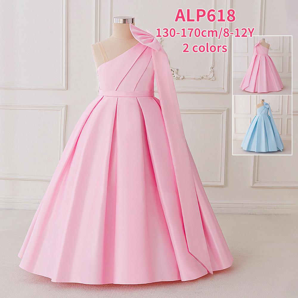 European & American One-Shoulder Kids Formal Dress with Large Bow, Satin Long Skirt for Hosting & Performances