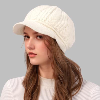 Wintermütze für Damen, Mädchen, Zopfmuster, warm, Schiebermütze, Cabbie-Beret, Glockenmütze, lässige Bowlermütze, Totenkopfmütze mit Schirm