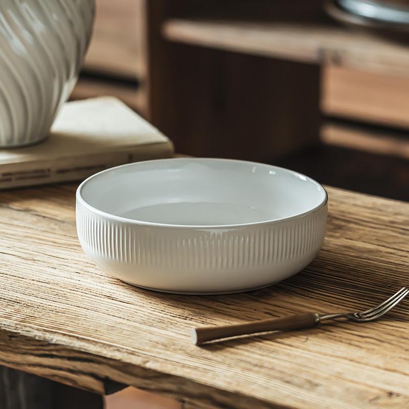 Light Luxury High-End Sense Solid Color Ceramic Deep Plate Household Vegetable Plate Design Sense Vertical Pattern Plate Versatile Large Plate Kitchen