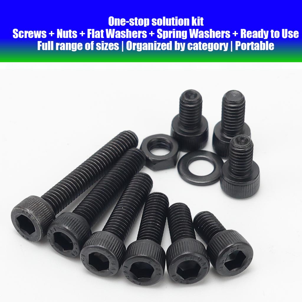 370pcs/12.9 Grade Black Hex Socket Head Cap Screws, Nuts, and Flat Washers Set; DIN912 Metric Bolt Fastener Set; M4 and M5 Bolts
