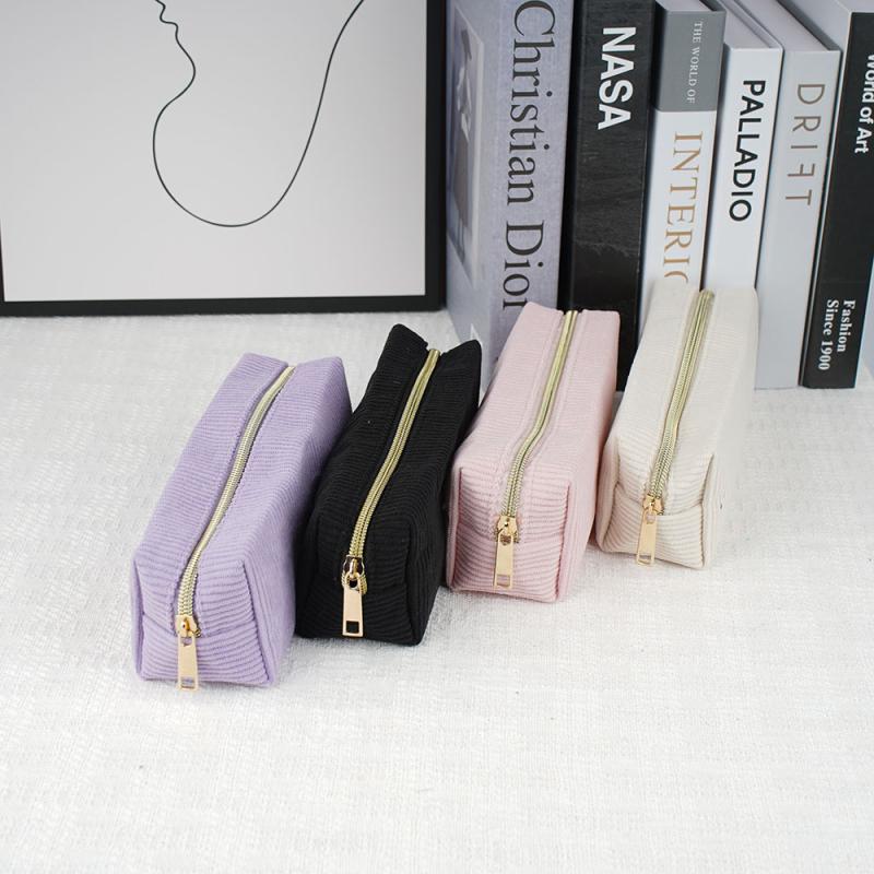 Vintage Simple Solid Color Corduroy Pencil Case Large Capacity Stationery Storage Bag School Supplies