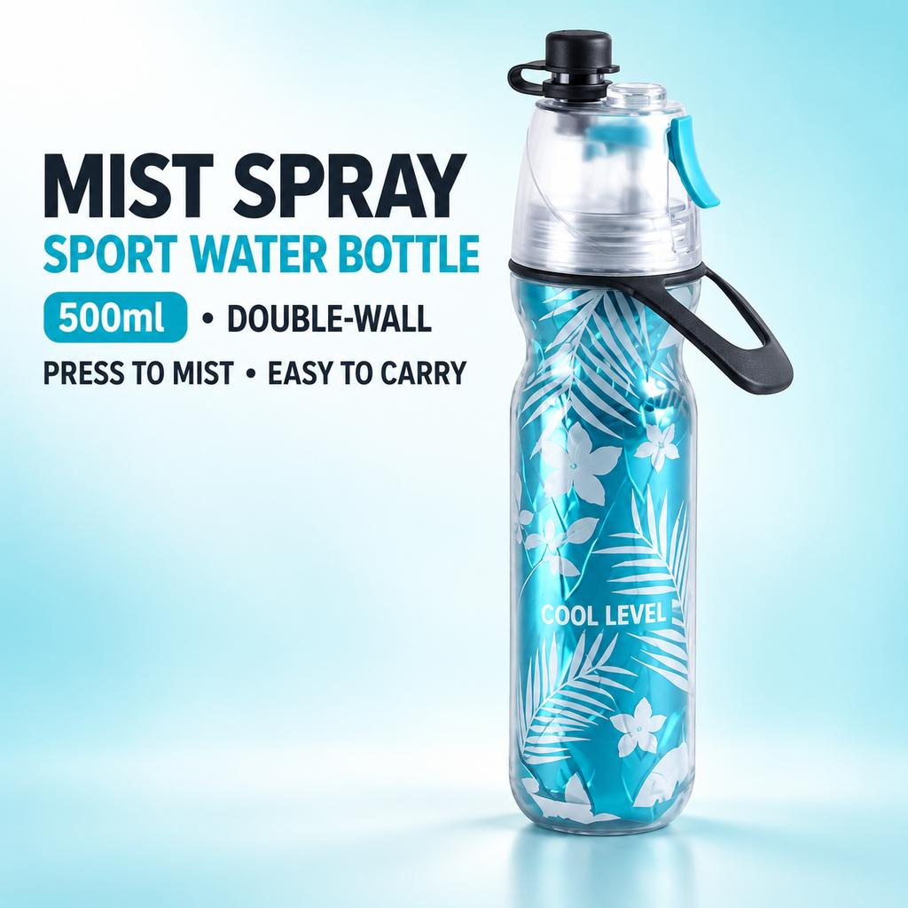 PE Spray Water Bottle 500ml Double-Wall Insulated with Carrying Loop for Sports and Outdoors