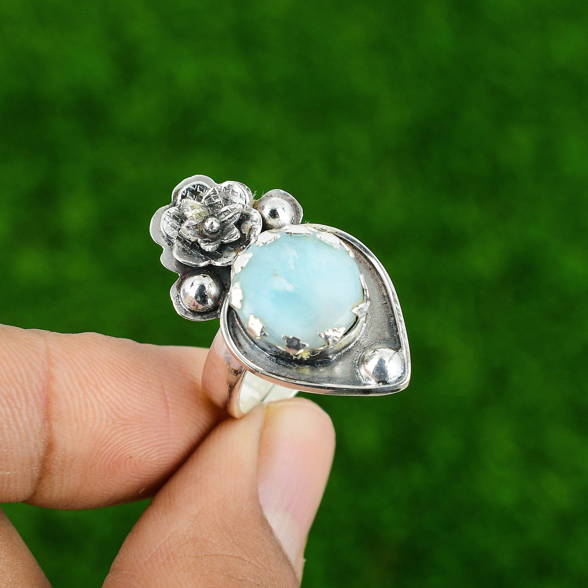 

Gift For Her 925 Silver Natural Larimar Gemstone Promise Flower Adjustable Ring Adjustable