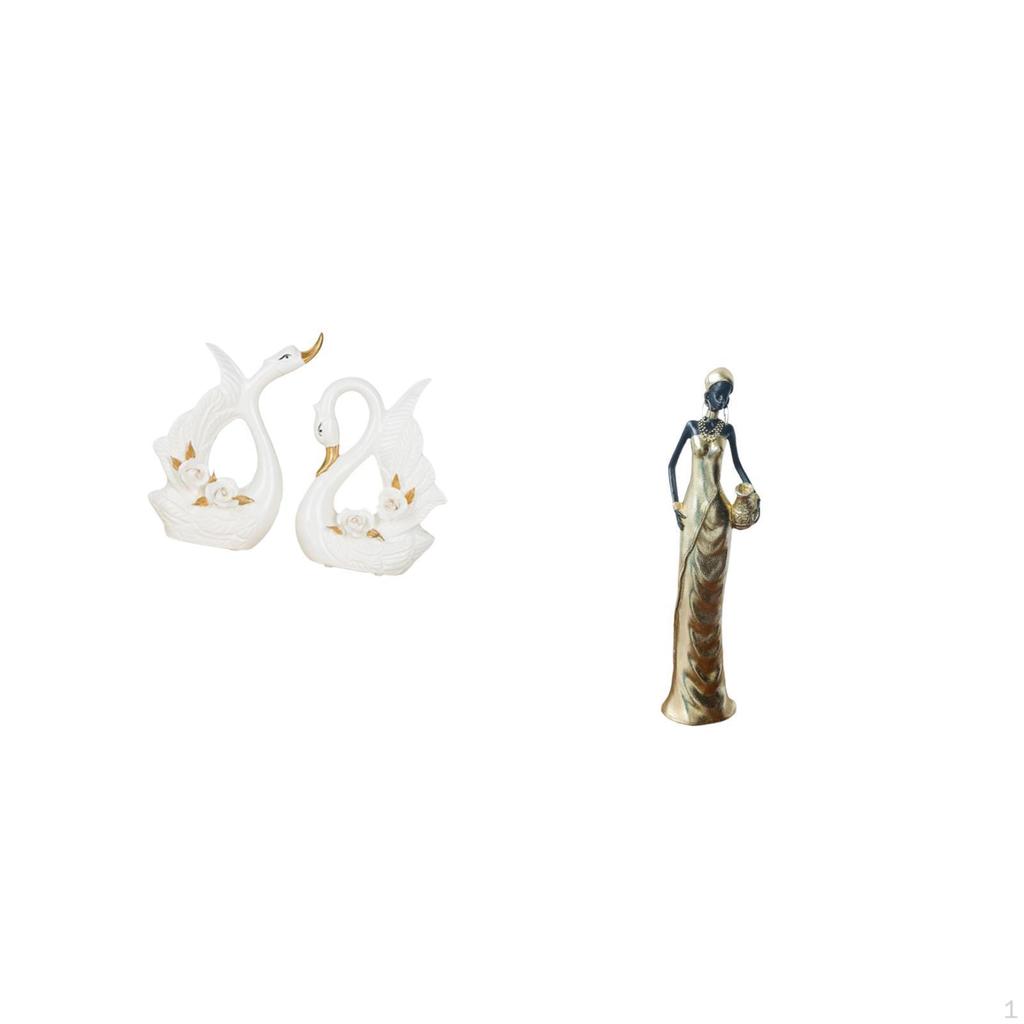 Elegant Swan And Tribal Lady Ceramic Sculpture Set for Bookshelf Cabinet Desk Bedroom Housewarming