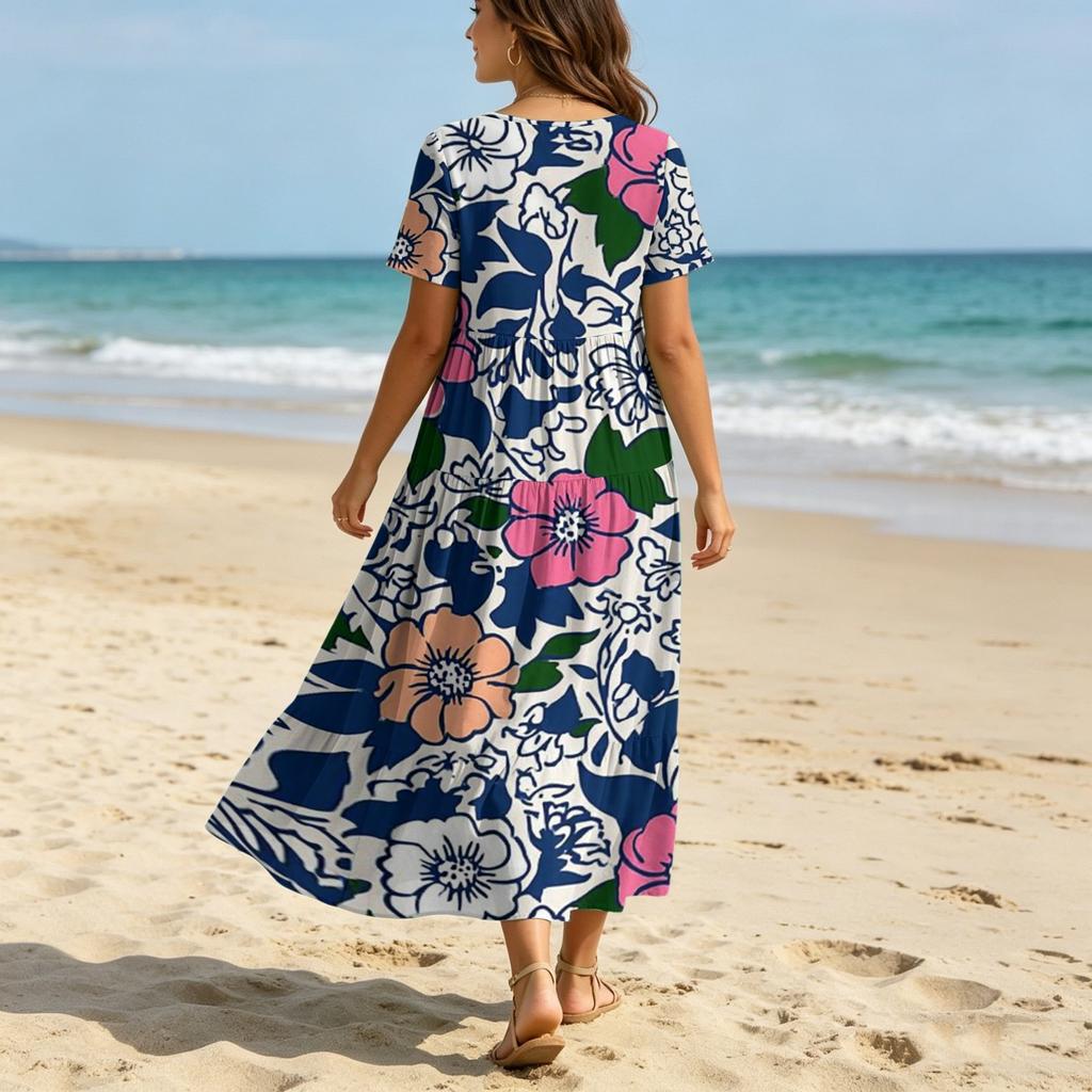 Frauen Casual Lose Bohemian Blumenkleid Kurzarm Lange Maxi Sommer Strand Swing Kleid