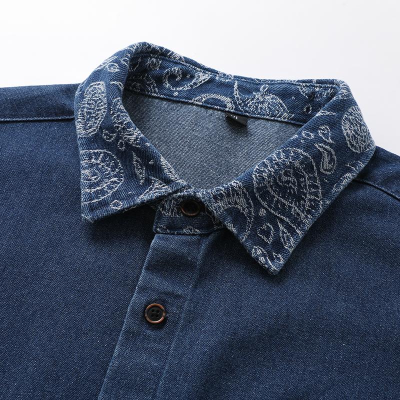Denim Shirt for Man Long Sleeve Paisley Floral Patchwork Loose Camisas Streetwear Vintage Mens Hip Hop Cowboy Jean Shirts