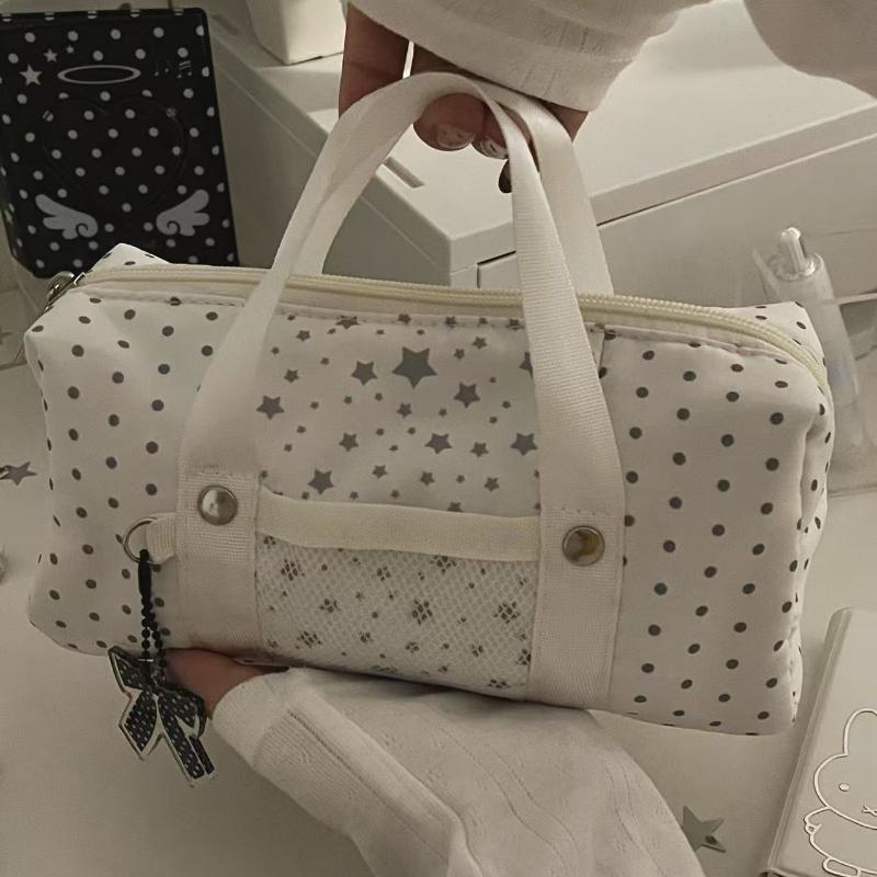 New White Blue Color Star Polka Dot Tote Pencil Case Ins Style Cute Pen Bag For Student Large Capacity Stationery Organizer Bag