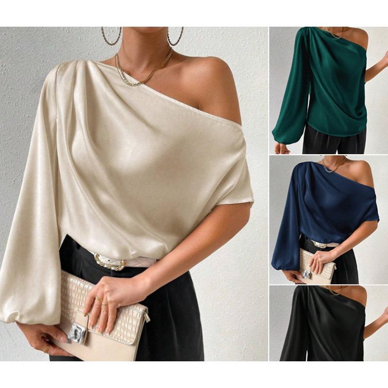 Damen Schrägschulter Langarm Unifarbenes Shirt Sexy Schulterfrei Lockeres Temperament Satinblusen & -hemden