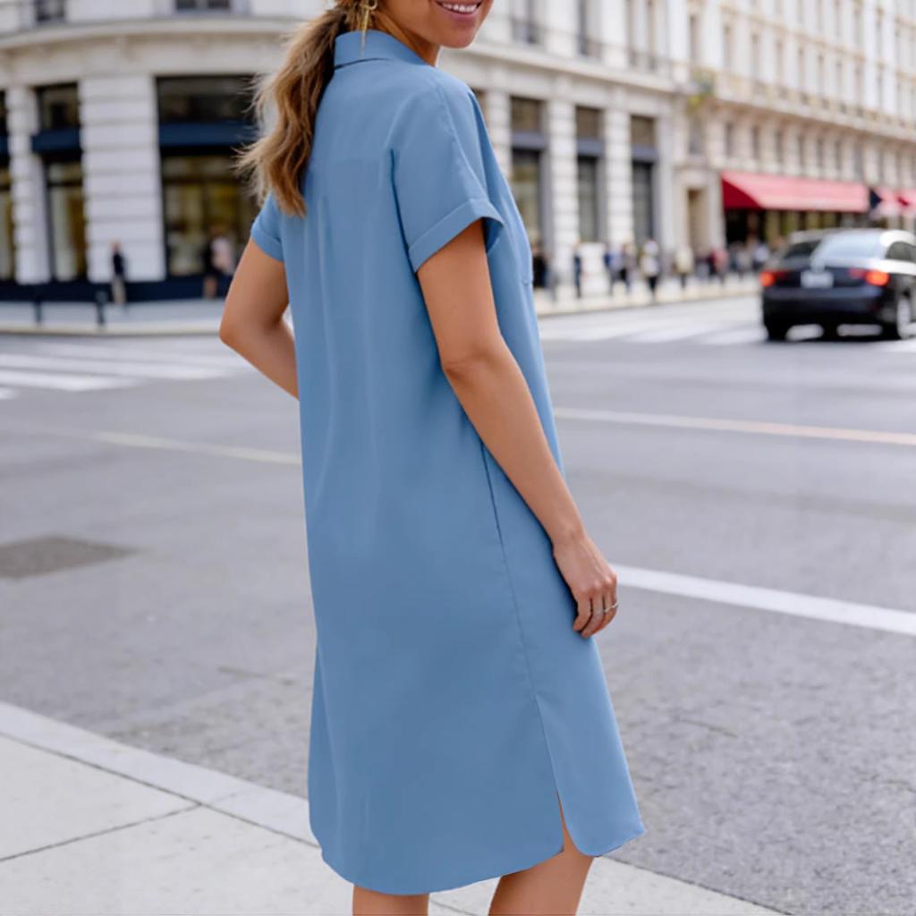 Spring new temperament commuter short-sleeved lapel shirt dress European and American comfortable and casual medium and long styles