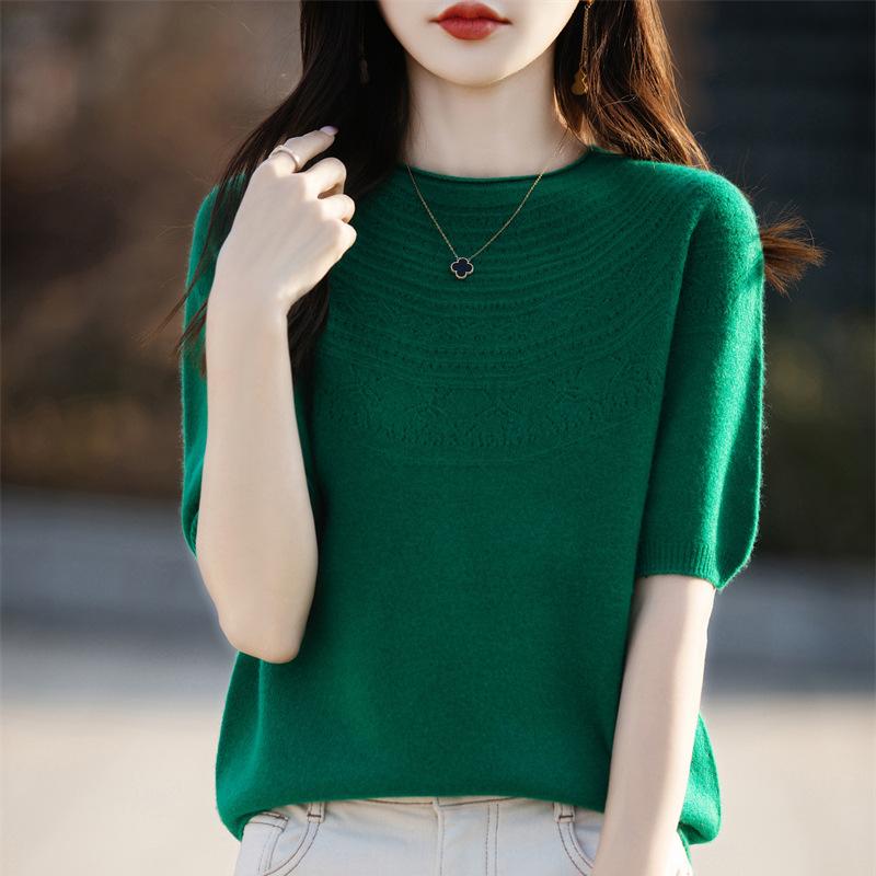 Knitted Short-sleeved T-shirt for Women In Summertime New Loose Pullover Sweater Large Size Round Neck Hollow Inner Layer Bottoming