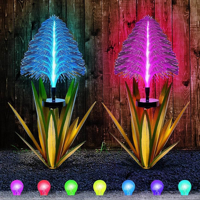 Metal Outdoor Decoration Gift Metal Agave Plants Outdoor Decor, Metal Agave Yard Art Garden Lights Solar Outdoor, 7 Color Changing Garden Yard