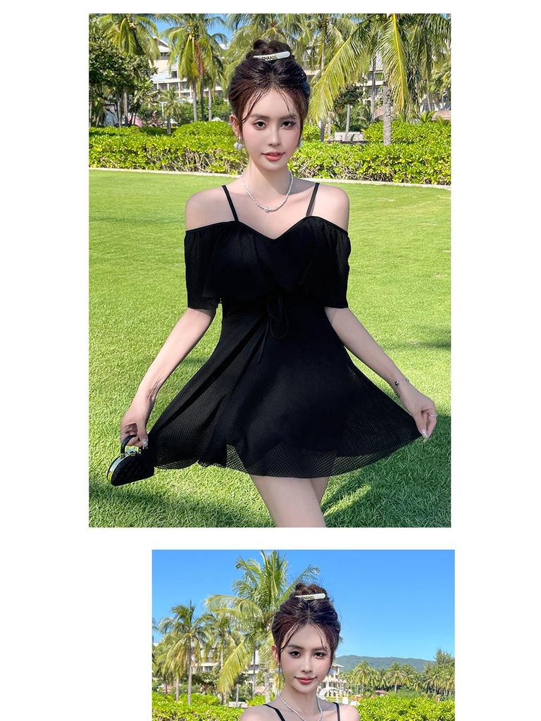 2025 Women's Conservative Solid Color Mori Girl One-Piece Suspender Swimsuit - Gentle Fairy Style for Summer