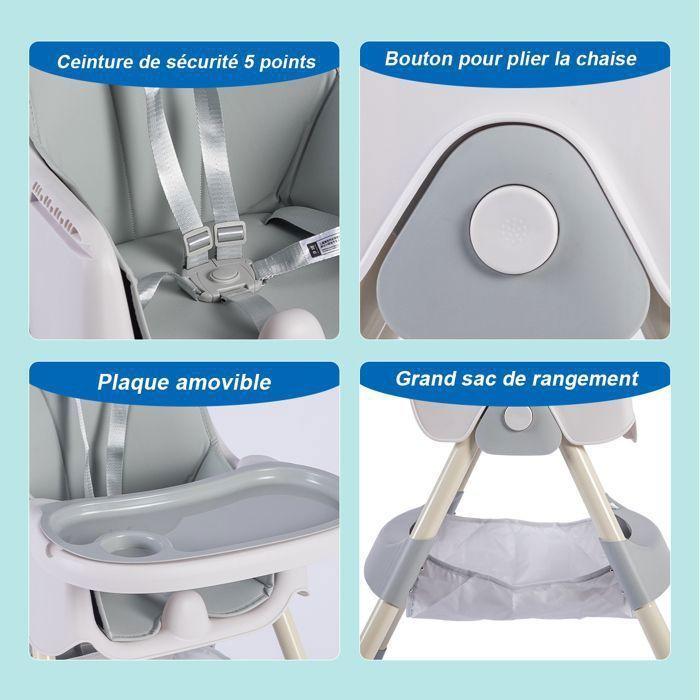 K IKIDO Chaise Haute Pour Bébé 2 En 1 - K IKIDO - Évolutive - Pliable - Ajustable-De 6 Mois À 3 ans(15KG) - Gris