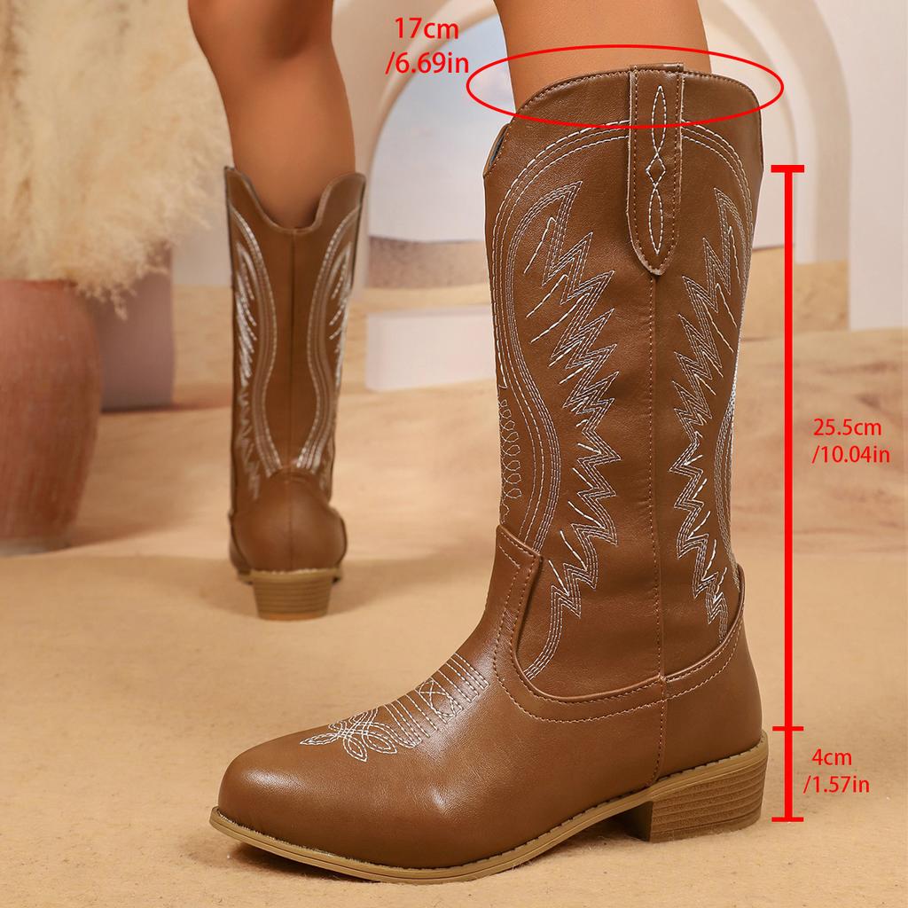Fashion Women's Retro Western Embroidered Cowboy Boots Autumn Winter Chunky Heel Knee High Boots Woman High Tube PU Leather Botas Mujer