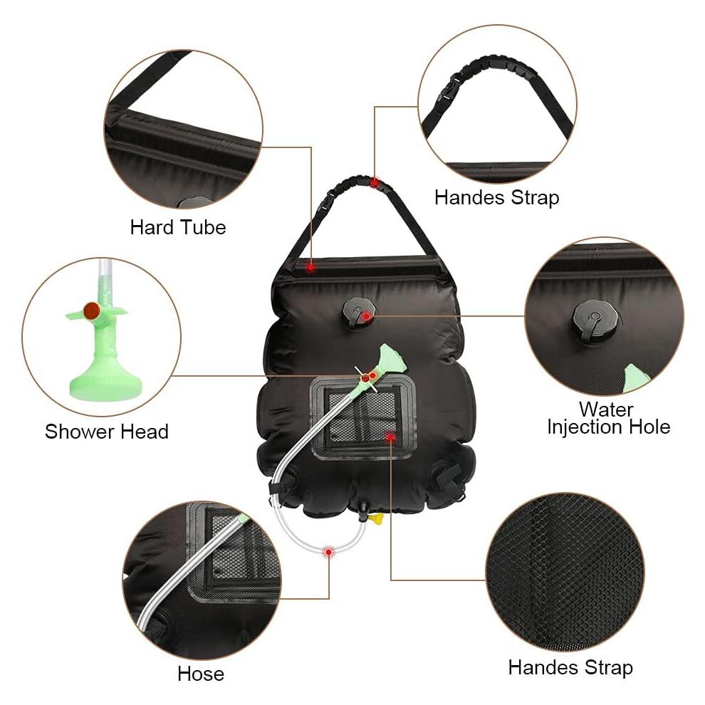 Portable Solar Heating Shower Bag, 20L Outdoor Camping Shower Bag With Detachable Hose And On-Off Slide Nozzle, Suitable For Camping Fishing Mountaine