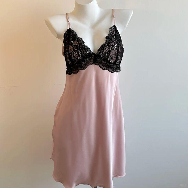 

Junxin | Rouge Pink Lace Ice Silk Slip Nightdress Sexy Strap Showing Chest Pad Private Room Pajamas Pure Desire Style Rouge powder (nightgown) 170 (XL)