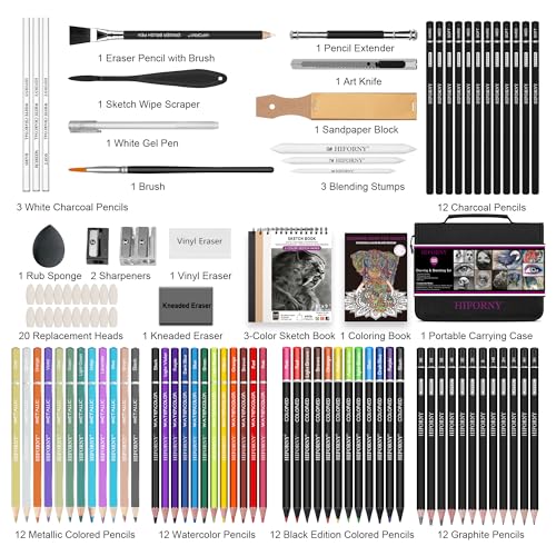 HIFORNY Drawing & Sketching Set, Professional Art Supplies: Graphite, Charcoal, Color, Watercolor, and Metallic Pencils, Blending Tool, Sketchbook, Co
