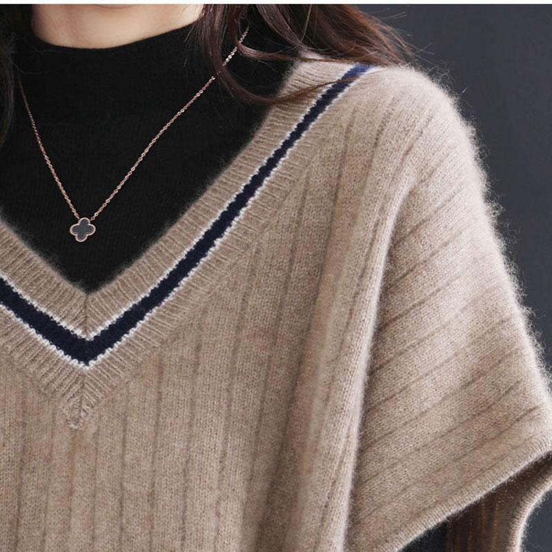 Toamnă Iarnă Vestă tricotată pentru femei, cu decolteu în V, largi, color-bloc, tricot, pulover fără mâneci