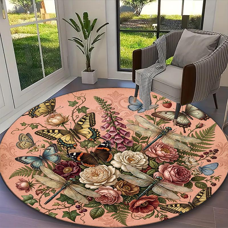 1pc General-purpose Rug, Blush Pink Butterfly Rose Printed Round Rug, Comfortable Office Chair Carpet, Home Entrance Floor Mat