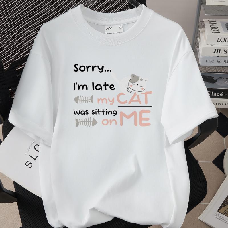 Trendiges Grenzüberschreitendes Katzen-Print-T-Shirt, 260g Reine Baumwolle, Kurzarm, Einfach 1002-45