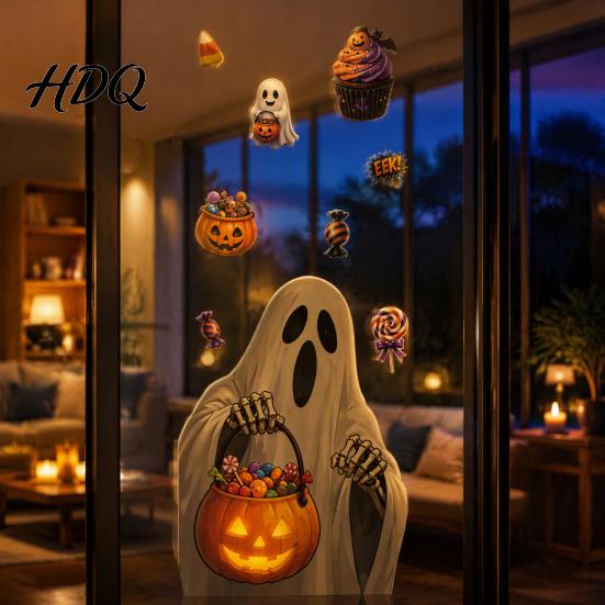 Halloween Window Clings Cute Cartoon Static Clings, Ghost Jack-O-Lantern Candy Glass Festive Home Ornaments Decals, Removable Stickers for Party Store
