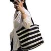 Premium black and white striped tote bag woven large capacity shoulder women's bag lazy wind lightweight vacation bag shopping bag