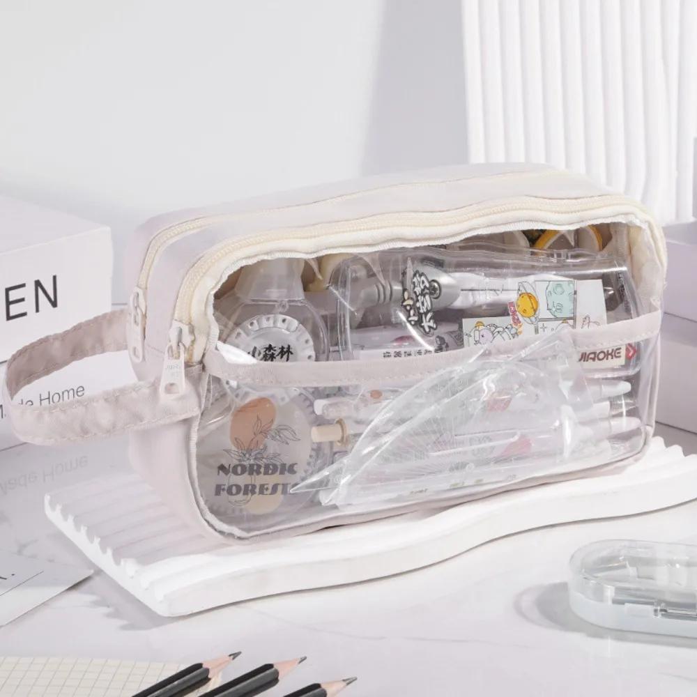 Korean Transparent Pen Bag Large Capacity Waterproof School Stationery Bag Solid Color PU Cosmetic Pouch School Supplies